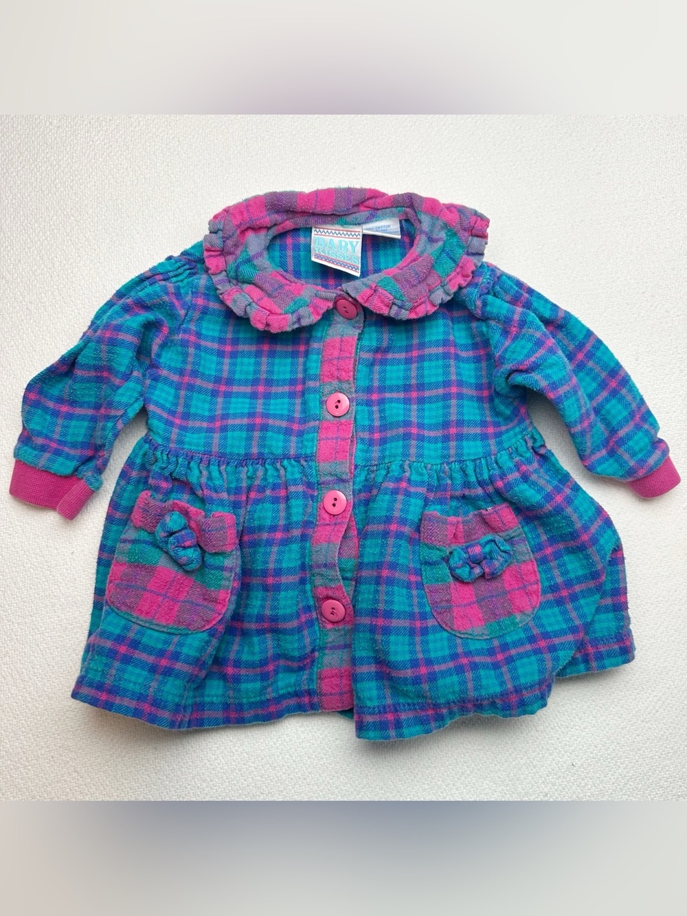 Baby Kisses 90s Teal and Pink Plaid Button-Front Girls' Dress 6/9 months